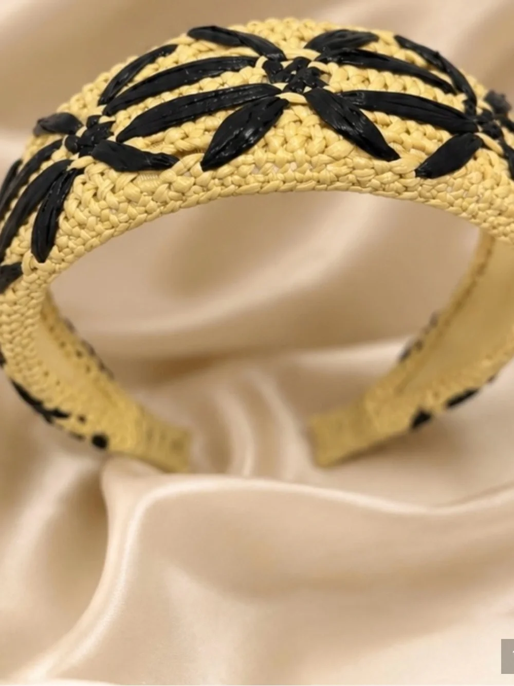 Yellow Woven Headband with Black Floral Trim